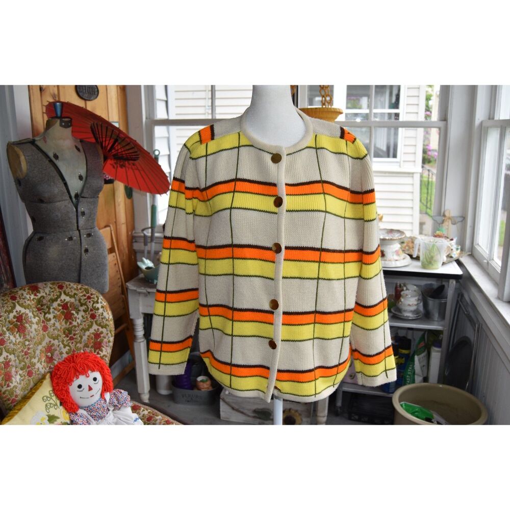 Vintage 70s Neon Plaid Cardigan Sweater Fashionelle Mod Acrylic Knit Size M